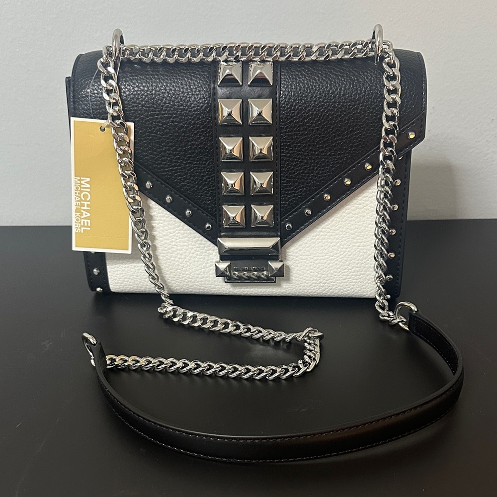 Michael Kors Whitney NWT Black and White Crossbody Bag w Silver Studs Hardware